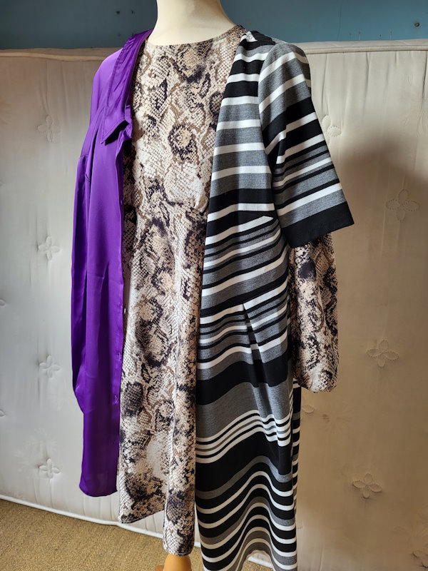Dress snake print size 14. Empire A-line midi, plus purple blouse & stripe jersey dress.