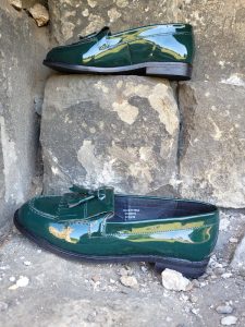 Flat patent leather loafer.