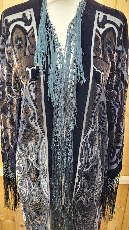 Besarani Black Gold Bronze Silk Velvet Devore Kimono Jacket